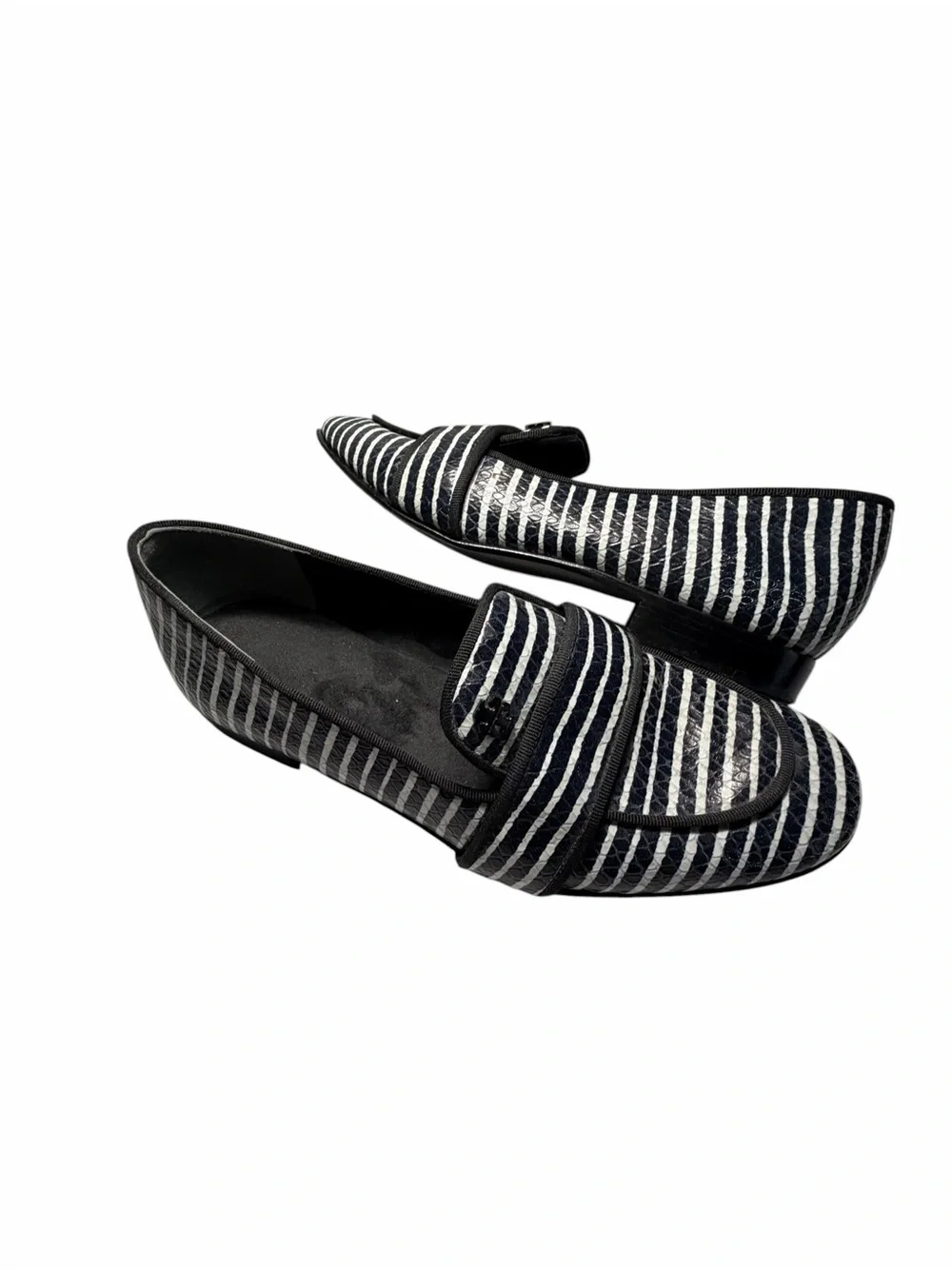 Tory Burch Evette Penny Loafers Striped Black & White Leather Loafers Sz 5.5